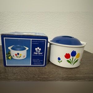 Tulip Tyme Stoneware Casserole Baking Dish W/blue Lid Japan 1985.